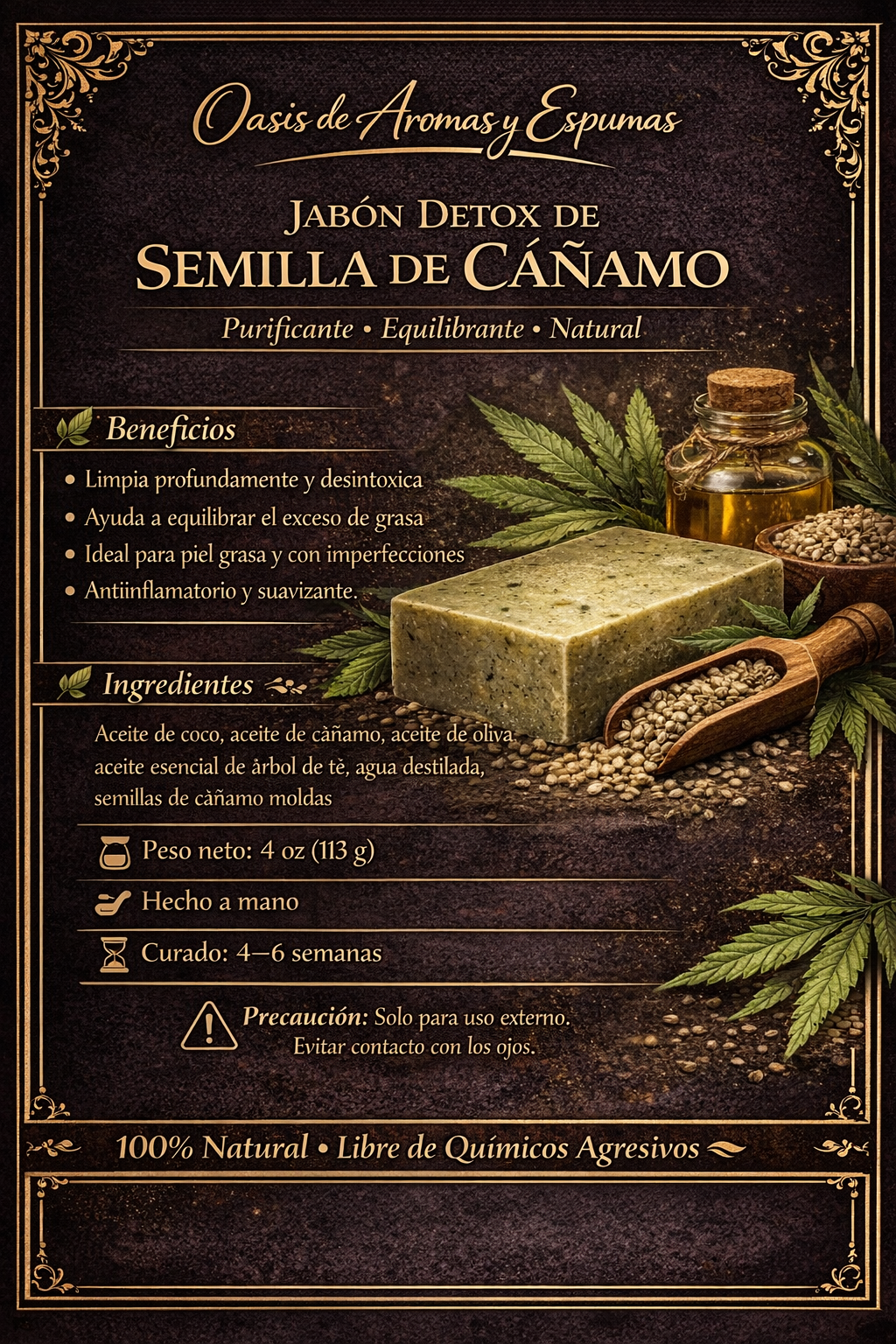 Jabon saponificado de hemp,eucalypti y menta